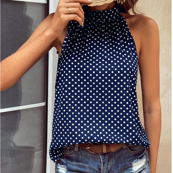 Polka Dot Print Mock Neck Tie Blouse Blue - Picture 2 of 5